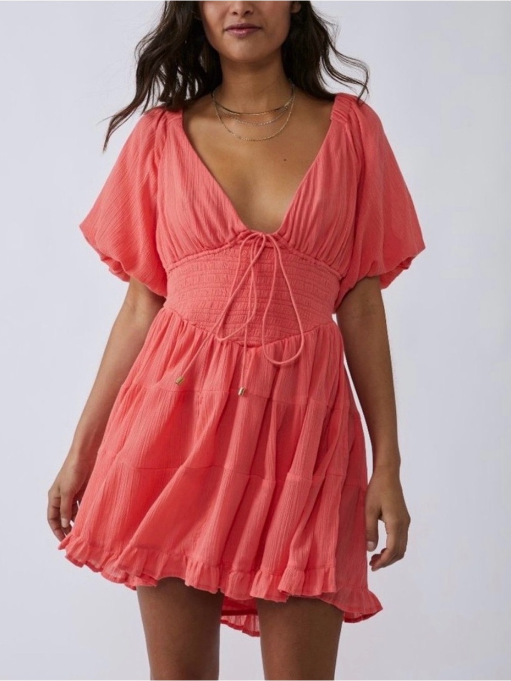 Free People Perfect Day Mini Dress Coral Smocked Puff Sleeve Size Small